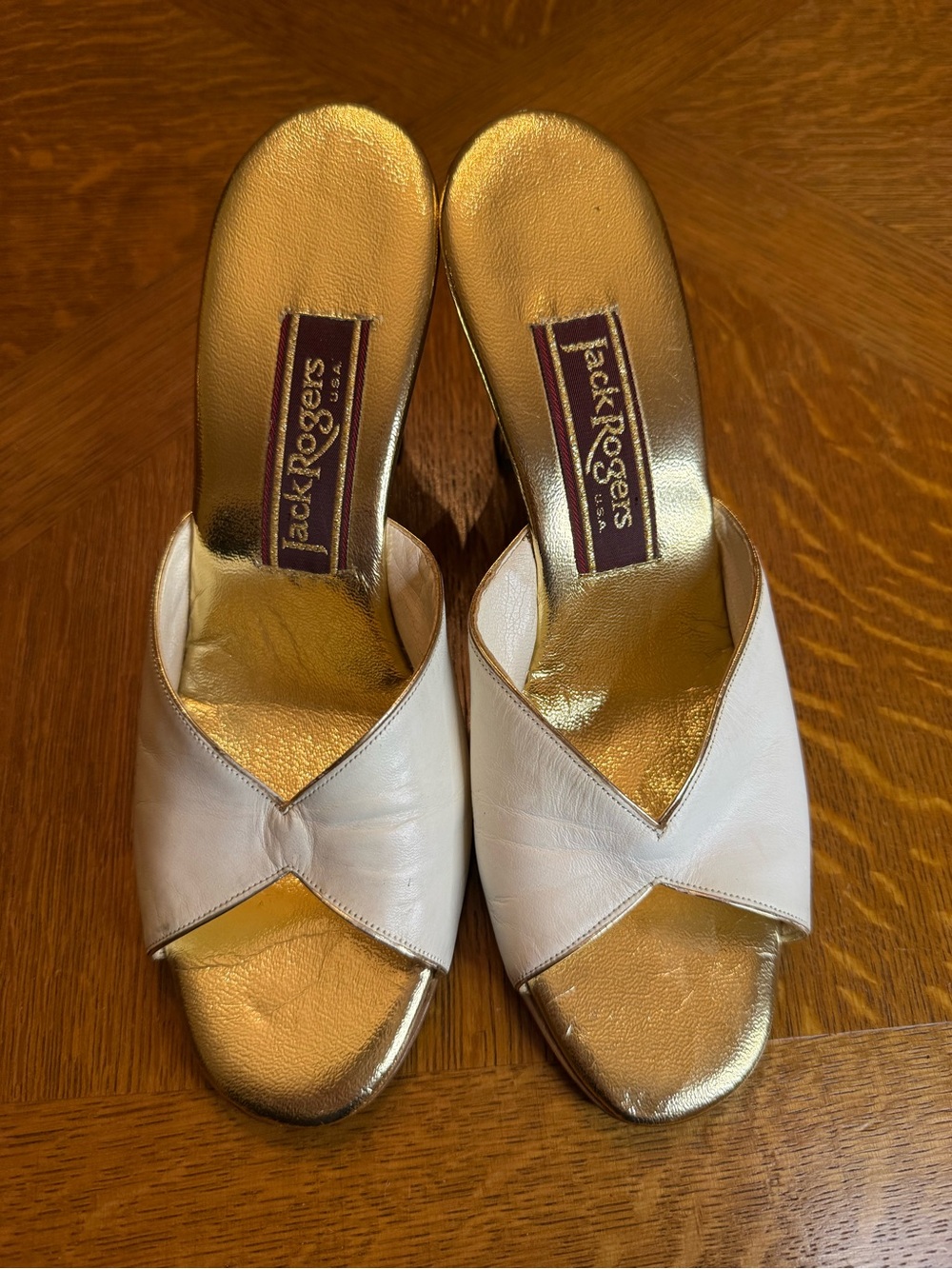 Jack Rogers White Leather Slide Mules with Gold Insole